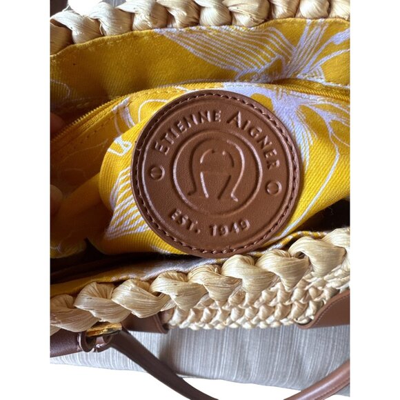 Etienne Aigner Corn Husk Woven Tote Bag Brown Leather Trim Retro Summer Chic - Picture 5 of 13